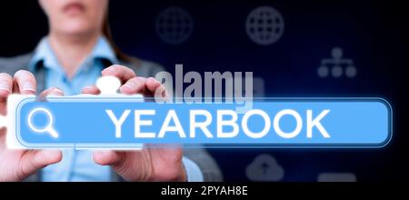Inspiration montrant l'enseigne Annuaire. Publication de vitrine d'affaires compilée par la classe finissant comme un enregistrement des activités de l'année Banque D'Images