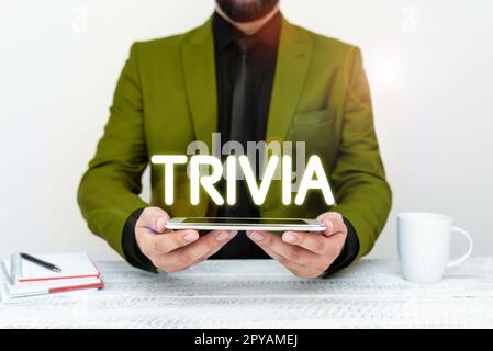 Légende du texte présentant Trivia. La vue d'ensemble de l'entreprise détaille les éléments d'information peu d'importance ou de valeur Banque D'Images