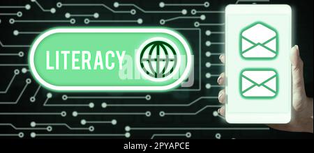 Écriture affichage de la littératie de texte. Concept signifie capacité à lire et à écrire des compétences ou des connaissances dans un domaine spécifique Banque D'Images