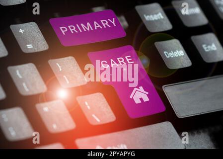 Affiche indiquant soins primaires. Mot pour les soins de santé fournis par un médecin, un pédiatre ou une infirmière Banque D'Images