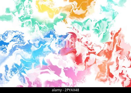 Modèle abstrait d'art fluide pour le printemps et l'été. Courbes roses, jaunes, bleues, rouges, jaunes et vertes sur fond blanc. Motif en marbre peint en acrylique Banque D'Images