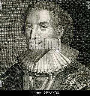 William Herbert, 3rd comte de Pembroke (1580-1630), fondateur du Pembroke College d'Oxford et protecteur des arts Détail carré de la gravure créée en 1700s par George Vertue (1683-1756), après un portrait de Daniel Mytens (1590-1647), qui était à son tour basé sur une peinture de Sir Anthony van Dyck (1599-1641) Banque D'Images