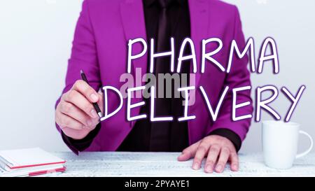 Affichage conceptuel Pharma Delivery. Idée d'affaires recevoir vos ordonnances par la poste directement de la pharmacie Banque D'Images