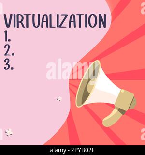 Affiche affichant la virtualisation. Mot pour l'application de l'environnement virtuel aux jeux informatiques Banque D'Images