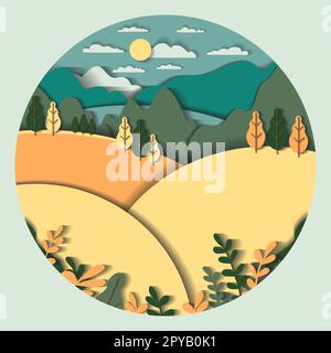 3d vecteur papier coupé paysage avec montagnes, collines, champ, arbre, forêt, lac, ciel, nuages, soleil. Illustration de dessin animé style artisanal minimal. Moder Banque D'Images