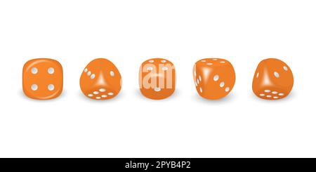 Vector 3D jeu d'orange réaliste Dice avec Black Dots Icon Set gros plan isolé sur fond blanc. Cubes de jeu pour jouer dans différentes positions, ca Banque D'Images