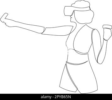 Jeu de réalité virtuelle en continu un dessin de ligne. Femme en lunettes VR, tenant la manette de détection de mouvements. 3D divertissement amélioré. silh femelle à main Illustration de Vecteur