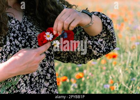 Gros plan des mains des femmes en tissage d'une couronne de coquelicots, de pâquerettes et de cornflowers Banque D'Images