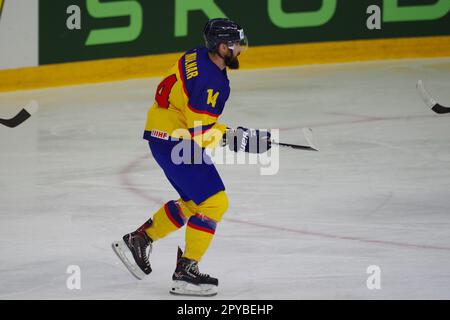 Nottingham, le 30 avril 2023. Zoltan Molnar jouant pour la Roumanie contre la Lituanie lors d'un match du Championnat du monde de hockey sur glace 2023 de l'IIHF, Division I, Groupe A au Motorpoint Arena, Nottingham. Crédit : Colin Edwards Banque D'Images