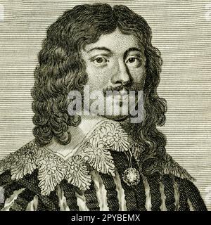 Lucius Cary (1610-1643), 2nd Vicomte Falkland, auteur, idéaliste, intellectuel et politicien, Qui, en dépit d'être un homme de paix, a combattu et est mort pour la cause royaliste dans la première Guerre civile anglaise. Détail carré de la gravure créée en 1700s par Guillaume Philippe Benoist (1725-1770), après un portrait d'un artiste inconnu. Banque D'Images