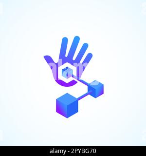 Handy blockchain Technology Absrtract Vector Sign. Main de paume avec cubes contés ou icône de gradient de chaîne de nœuds avec Typographie moderne isolée Illustration de Vecteur