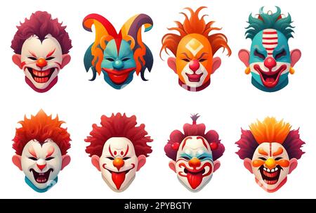 illustration vectorielle de la définition de l'interface utilisateur de faces clown créepy isolées sur fond blanc Illustration de Vecteur