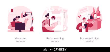Jeu d'illustrations vectorielles abstraites de travaux basés sur le Web. Services de voix sur parole, rédaction de CV, abonnement à Box, production audio et vidéo, CV en ligne, métaphore abstraite de démarrage de la livraison de Box. Illustration de Vecteur