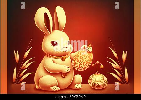 Nouvel an Chinois 2023, Rabbit tient des lingots en main pour souhaiter à tous une bonne année, traduction chinoise : bonne année Banque D'Images
