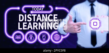 Affiche indiquant l'apprentissage à distance. Conférences éducatives sur les idées d'affaires diffusées à distance sur Internet Banque D'Images