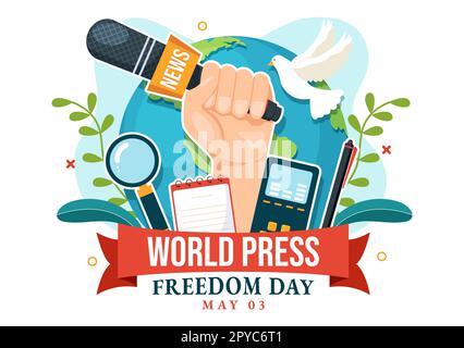 Journée mondiale de la liberté de la presse sur l'illustration 3 mai avec les mains tenant les microphones d'actualité pour la bannière Web ou la page de renvoi en dessin animé à la main Banque D'Images