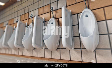 Toilettes publiques avec urinoirs suspendus aux murs. Illustration 3D. Banque D'Images