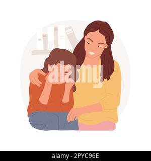 Illustration vectorielle isolée et confortable. Mère et fille s'assoient sur un canapé, maman sympathique embrassant, parent apaisant enfant, problèmes et larmes adolescent, personnage de communication vecteur de bande dessinée. Illustration de Vecteur