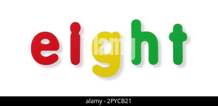 Huit mots en lettres magnétiques de couleur sur fond blanc avec masque Banque D'Images