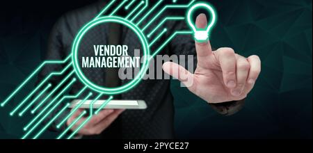 Légende présentant la gestion des fournisseurs. Mot pour les activités incluses dans la recherche et l'approvisionnement des fournisseurs Banque D'Images