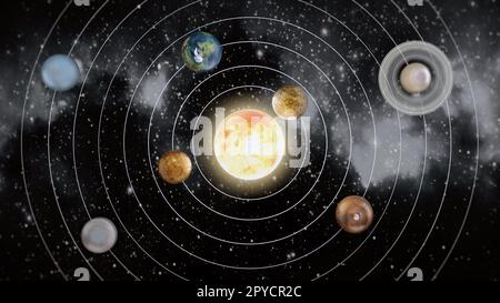 Diagramme du système solaire avec des planètes en orbite autour du soleil. Illustration 3D. Banque D'Images