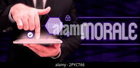 Légende du texte présentant le moral. L'enthousiasme et la discipline de la personne ou du groupe à un moment donné Banque D'Images