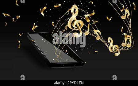 Gold Music Notes et téléphone mobile, sur fond noir. Illustration de Vecteur