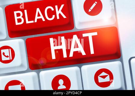 Présentation conceptuelle Black Hat. Mot écrit sur utilisé en référence à une mauvaise personne, en particulier un méchant ou un criminel Banque D'Images