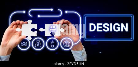 Affiche affichant le design. Mot écrit sur le plan de dessin produit pour montrer la fonction d'apparence ou le fonctionnement du bâtiment Banque D'Images