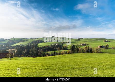 Paysage vallonné avec fermes et prairies verdoyantes à Appenzellerland, canton d'Appenzell Innerrhoden, Suisse Banque D'Images