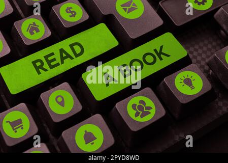 Texte d'écriture Lire Un livre. Mot écrit sur apprécier la littérature activité traditionnelle apprendre de nouvelles choses Banque D'Images