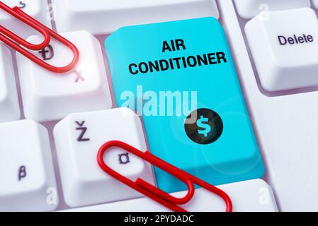 Étiquette manuscrite Air Conditioner. Appareils d'approche commerciale pour laver l'air et contrôler son humidité et sa température Banque D'Images