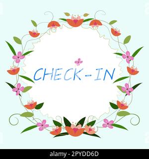 Affiche Check In. Mot écrit sur la procédure par laquelle une compagnie aérienne ou un hôtel enregistre officiellement le client Banque D'Images