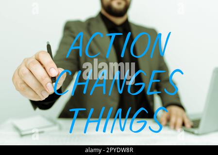 Affiche l'action change les choses. Le mot pour faire quelque chose reflétera d'autres choses de la réaction Banque D'Images