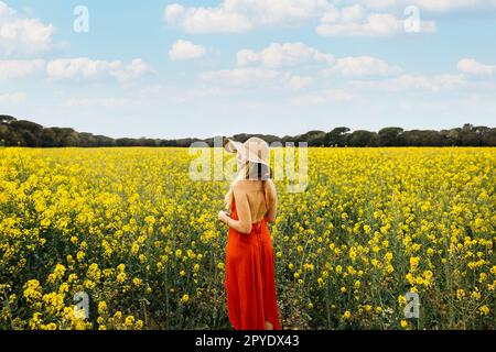 Jeune belle femme blonde, vêtue d'une robe rouge et d'un chapeau, pose au milieu d'un champ de fleurs de colza jaune Banque D'Images