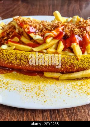 Currywurst allemand traditionnel, servi avec des frites sur une assiette blanche. Table en bois comme arrière-plan. Banque D'Images