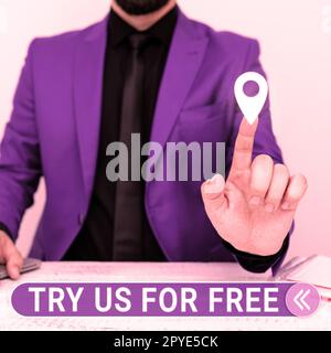 Légende conceptuelle essayez nous gratuitement. Mot écrit sur l'essai à aucun coût offre promotion grande remise Banque D'Images