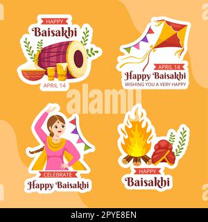 Happy Baisakhi Label Flat Cartoon modèles dessinés à la main Illustration d'arrière-plan Banque D'Images