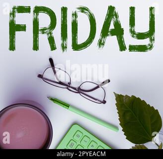 Légende du texte en présentation vendredi. Concept signification dernier jour de la semaine de travail début week-end détente temps vacances loisirs Banque D'Images