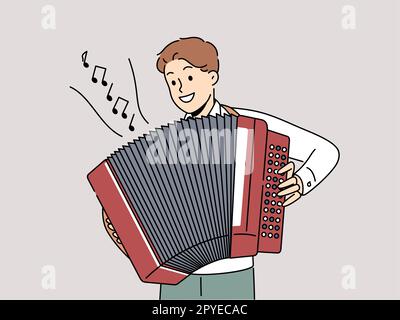 Homme souriant jouant sur l'accordéon. Happy Male joue de la musique sur un instrument de musique traditionnel. Divertissement et passe-temps. Illustration vectorielle. Banque D'Images