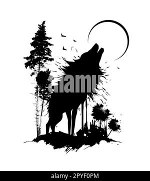 Le loup hurle à la lune graphiques. Tatouage, imprimé t-shirt. Illustration vectorielle Illustration de Vecteur