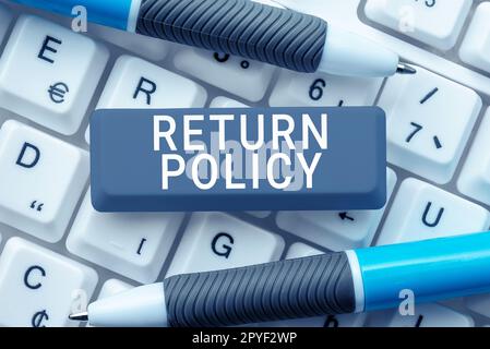 Légende présentant la politique de retour. Concept signification remboursement d'impôt Conditions générales de vente au détail à l'achat Banque D'Images
