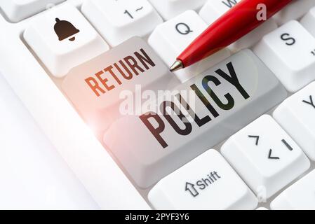 Légende présentant la politique de retour. Conditions générales de vente du remboursement de la taxe sur les idées commerciales à l'achat Banque D'Images