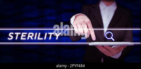 Affiche d'écriture à la main stérilité. Mot écrit sur une condition d'être libre de micro-organismes pathogènes Banque D'Images