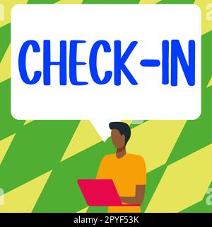 Affiche Check In. Mot pour la procédure par laquelle une compagnie aérienne ou un hôtel enregistre officiellement le client Banque D'Images