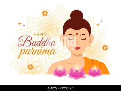 Happy Buddha Purnima Illustration avec Vesak Day ou Festival indien à spirituel en plat dessin main pour bannière Web ou modèles de page d'arrivée Banque D'Images