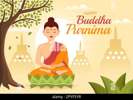 Happy Buddha Purnima Illustration avec Vesak Day ou Festival indien à spirituel en plat dessin main pour bannière Web ou modèles de page d'arrivée Banque D'Images