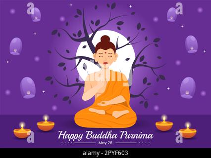 Happy Buddha Purnima Illustration avec Vesak Day ou Festival indien à spirituel en plat dessin main pour bannière Web ou modèles de page d'arrivée Banque D'Images