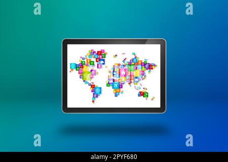 Carte du monde composée d'icônes sur un écran de tablette PC. Concept de communication globale isolé sur fond bleu. 3D illustration Banque D'Images