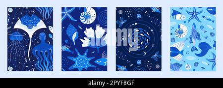 Ensemble d'illustrations vectorielles de créatures cosmiques sous-marines. La vie marine est décorée de constellations, d'étoiles, de planètes. Magic Space Sea desseins pour pos Banque D'Images